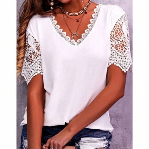 Plus Solid  V neck Lace Top - Picture 1 of 1